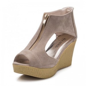 Suede Leather High Wedge Zipper Sandals For Women-Beige