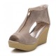 Suede Leather High Wedge Zipper Sandals For Women-Beige image