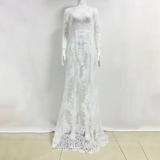 Buy Summer Sexy Long Transparent Lace Round Neck Evening Dress-White ...