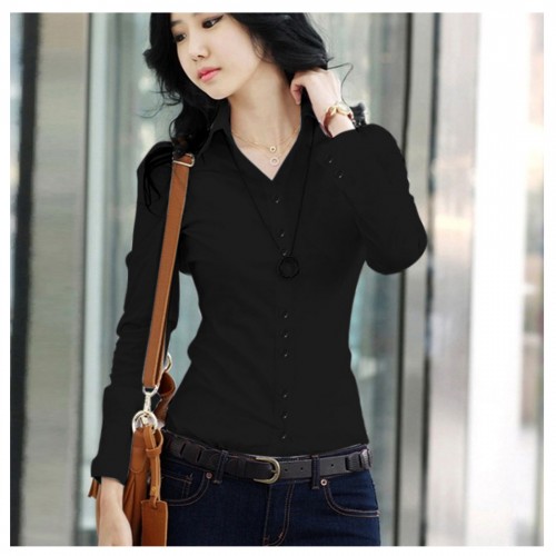 Women Summer Cotton Long Sleeves Casual Shirt-Black 