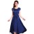 Women Summer Elegant Short Sleeved Slim Pleated Party Dress-Navy Blue