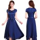 Women Summer Elegant Short Sleeved Slim Pleated Party Dress-Navy Blue image