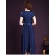 Women Summer Elegant Short Sleeved Slim Pleated Party Dress-Navy Blue image