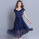 Women Summer Elegant Short Sleeved Chiffon Party Dress - Navy Blue image