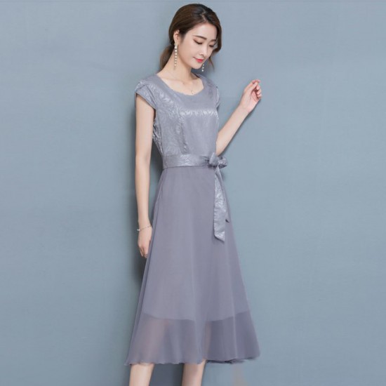 Women Summer Elegant Short Sleeved Slim Pleated Party Dress- Grey image
