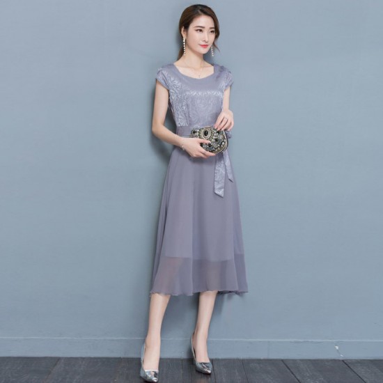 Women Summer Elegant Short Sleeved Slim Pleated Party Dress- Grey image