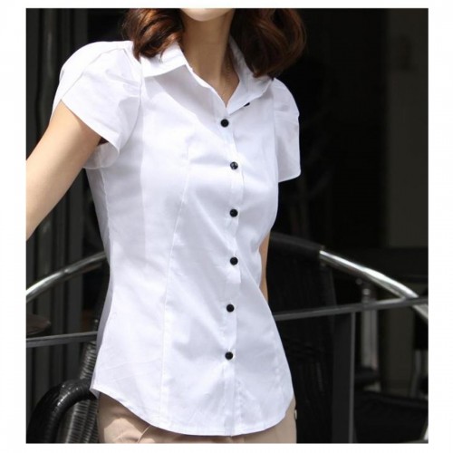 Women Fashion Short Sleeves Summer Cotton Shirt-White image