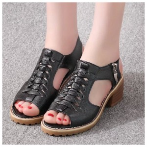 Women Fashion medium Heel With Side Zipper Sandals-Black