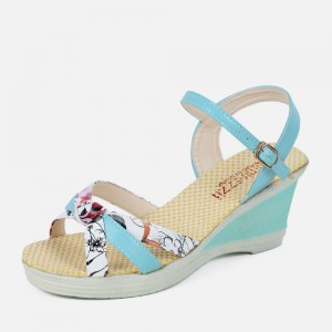 Summer Thick-Soled Sweet Floral Printing Buckle Sandals-Blue