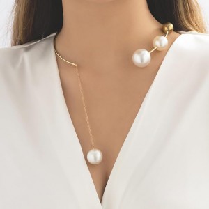 Gold Simulated-Pearl Open Choker Necklaces Adjustable Pearl Pendant Women Girls