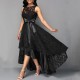 Women Fashion High Low Belted Sleeveless Lace dress-Black image