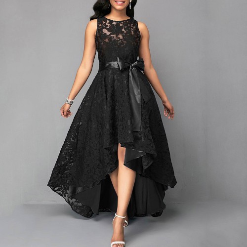Women Fashion High Low Belted Sleeveless Lace dress-Black 