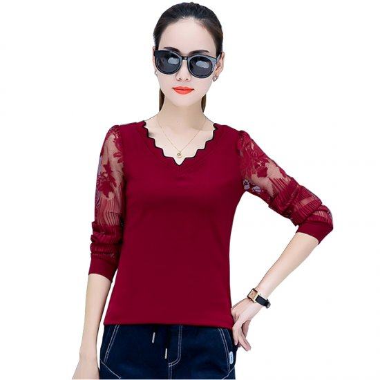 Casual Long Sleeve Crew Neck Women Blouse-Red image
