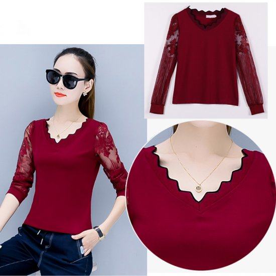 Casual Long Sleeve Crew Neck Women Blouse-Red image