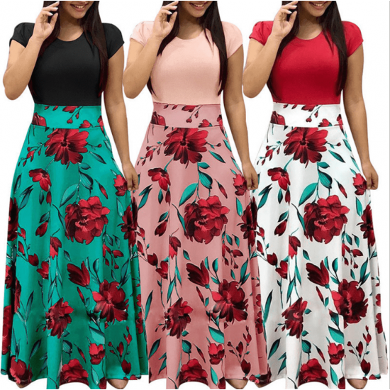 Women's Boho Patchwork Floral Short Sleeve Maxi Dress-Black image