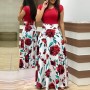 Women's Boho Patchwork Floral Short Sleeve Maxi Dress-Red