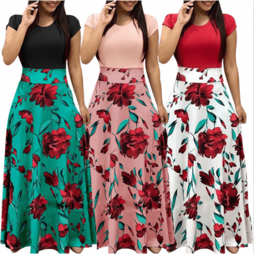 Women's Boho Patchwork Floral Short Sleeve Maxi Dress