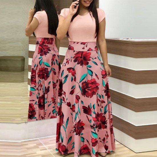 Women's Boho Patchwork Floral Short Sleeve Maxi Dress