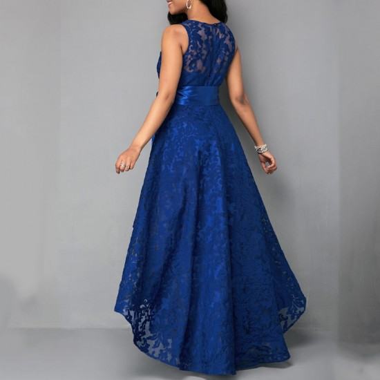 Women Fashion High Low Belted Sleeveless Lace dress-Blue image