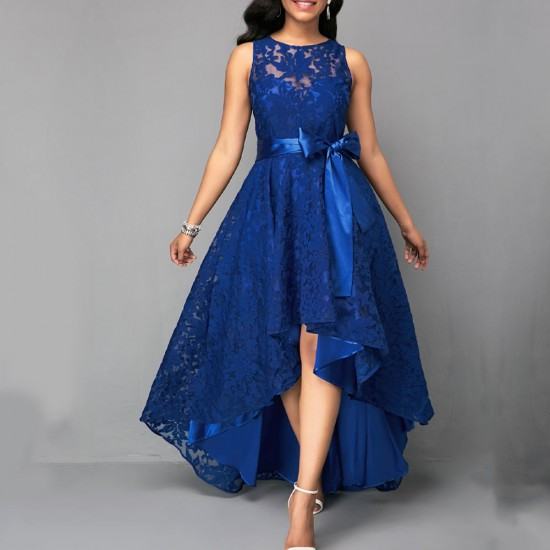 Women Fashion High Low Belted Sleeveless Lace dress-Blue image