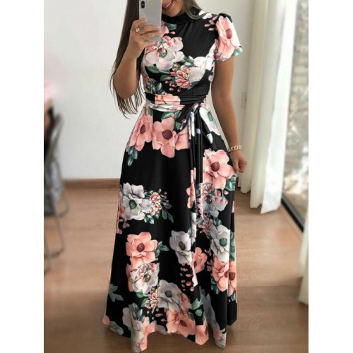 Floral Prints Short Sleeved Casual Maxi Dress