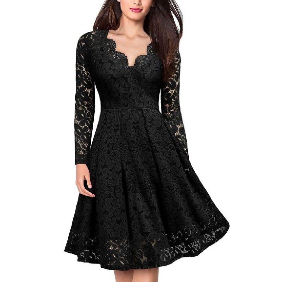Buy Lace Patchwork V Neck Flare Knee Length Dress Black Fashion