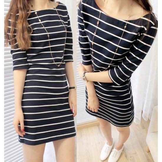 Striped Mid Sleeve Round Neck Slim Dress-Black image