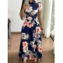 Floral Prints Short Sleeved Casual Maxi Dress-Blue