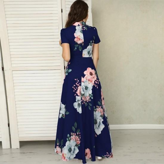 Floral Prints Short Sleeved Casual Maxi Dress-Blue image