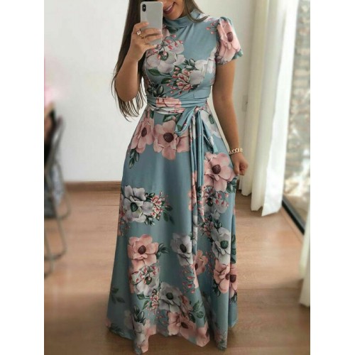 Floral Prints Short Sleeved Casual Maxi Dress-Light Blue image