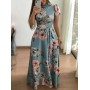 Floral Prints Short Sleeved Casual Maxi Dress-Light Blue