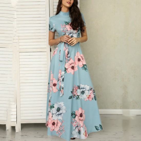 Floral Prints Short Sleeved Casual Maxi Dress-Light Blue image