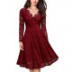 New Fashion Lace Patchwork V Neck Flare Knee Length Dress-Red image