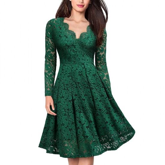 Lace Patchwork V Neck Flare Knee Length Dress-Green image