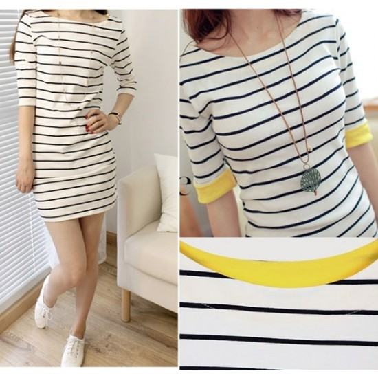 Striped Mid Sleeve Round Neck Slim Dress-White image