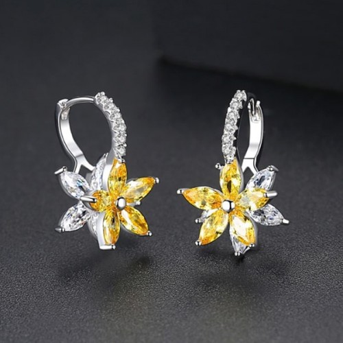 Snowflake Clear Yellow Stone Flower Shape Earrings E-30Y |image