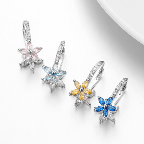 Snowflake Clear Yellow Stone Flower Shape Earrings E-30Y |image