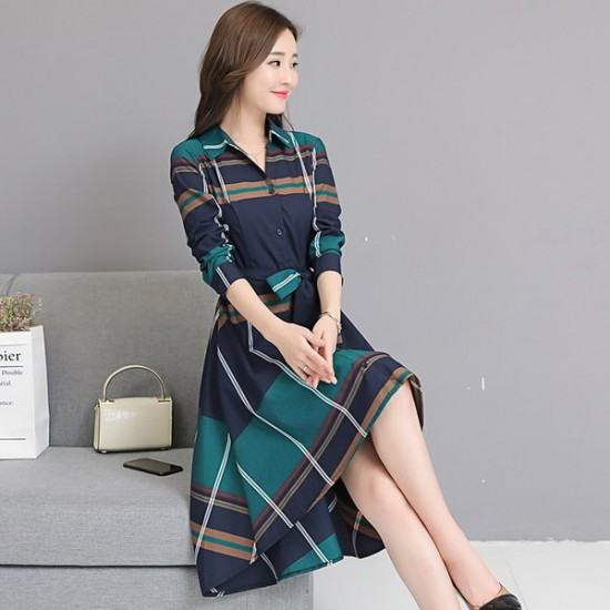 New Stylish Of Plaid Pattern High Waist Long Dress-Green image