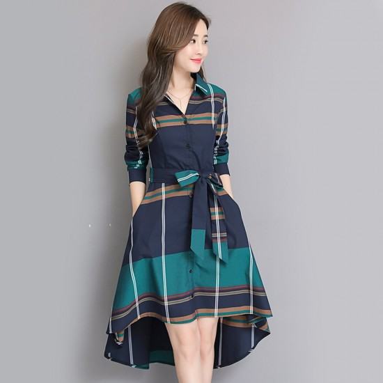 New Stylish Of Plaid Pattern High Waist Long Dress-Green image