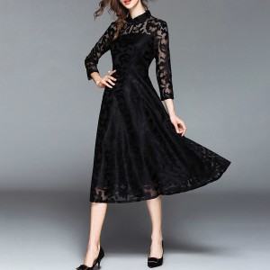 Lace Flare Sleeve Stand Collar A Line Maxi Dress-Black
