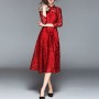 Lace Flare Sleeve Stand Collar A Line Maxi Dress-Red