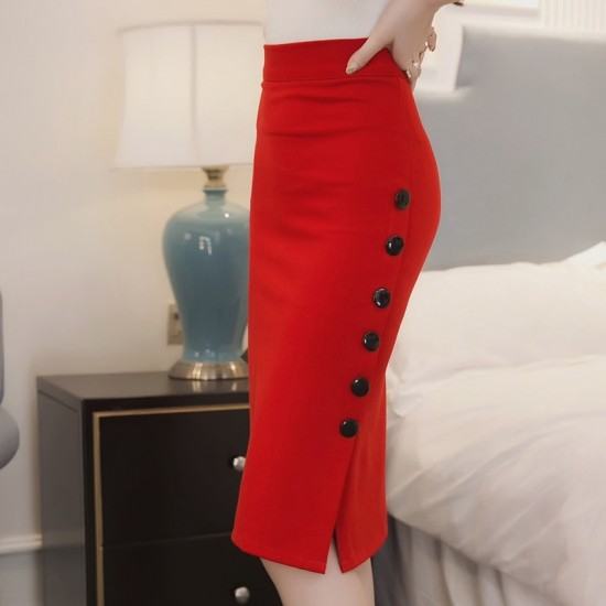 Professional Women's Split Fork Slim Side Buttons Skirt