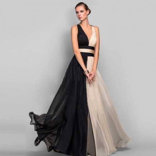 Classic Style Deep V Neck Chiffon Evening Gown