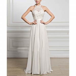 Classical Lace Sleeveless Maxi Dress Evening Dress-White
