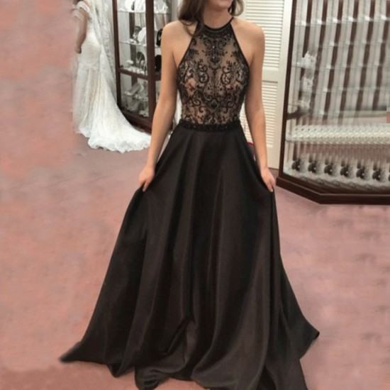 Women Lace Long Formal Evening Party Dress-Black image