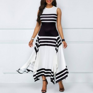 Asymmetric Printed Contrast Irregular Long Maxi Dress- Black