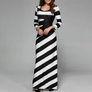 Large Size Long Sleeve Round Neck Striped Long Dress-Black