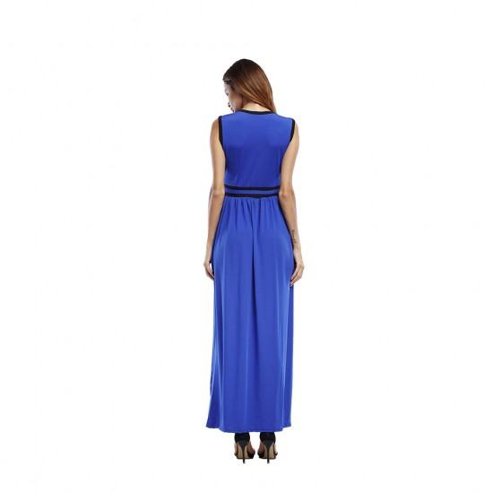 New European Elegant Style Deep V-Neck Long Maxi Dress-Blue image
