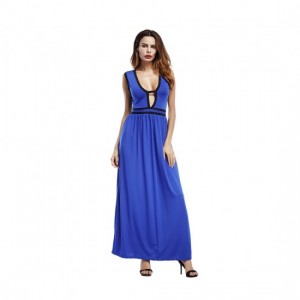 New European Elegant Style Deep V-Neck Long Maxi Dress-Blue