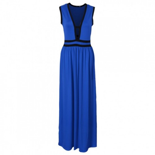 New European Elegant Style Deep V-Neck Long Maxi Dress-Blue image